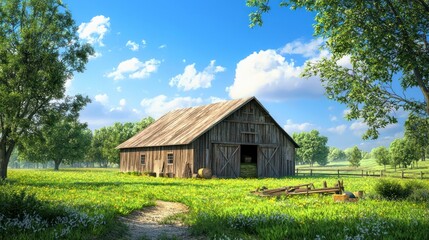 Obraz premium A classic farm barn with large sliding doors and farming tools resting outside, set in a lush green field.
