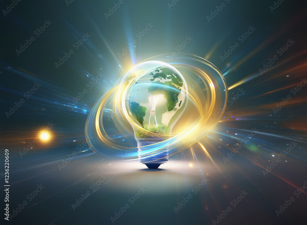 Poster abstract sci-fi double exposure image. a glowing lightbulb containing the earth is encircled by ring