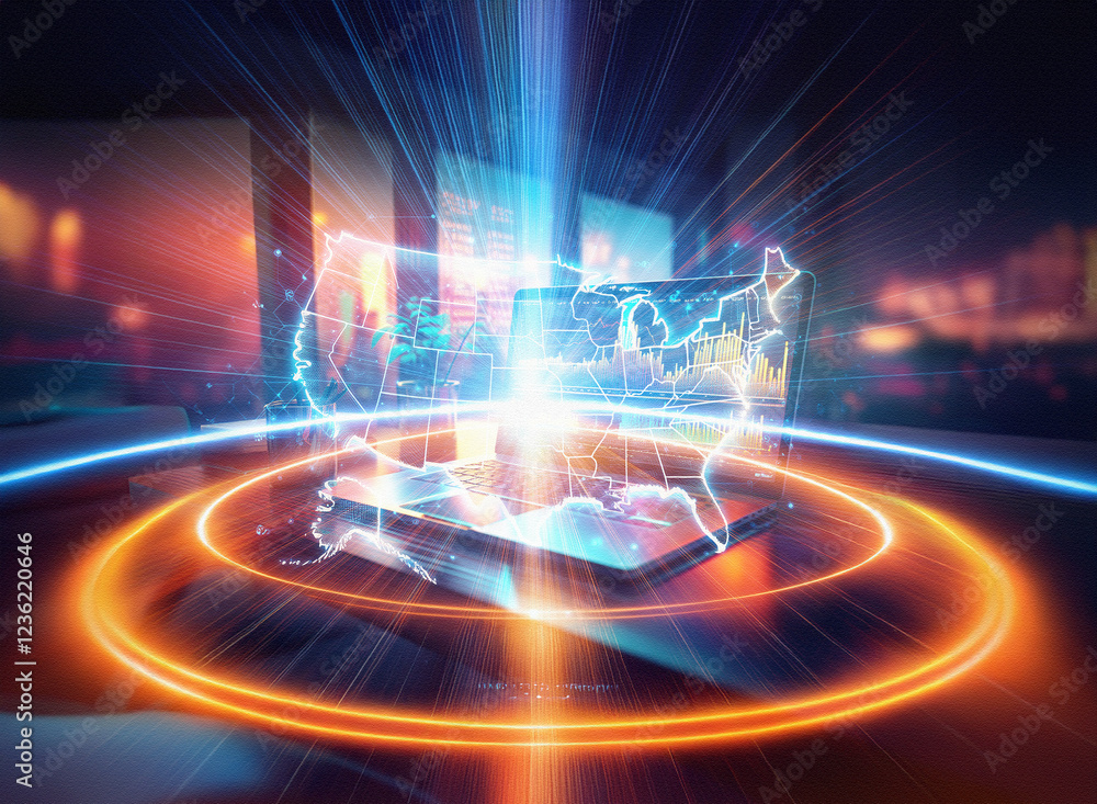 Aufkleber abstract sci-fi double exposure image. a glowing map, possibly the usa, floats above a laptop on a f