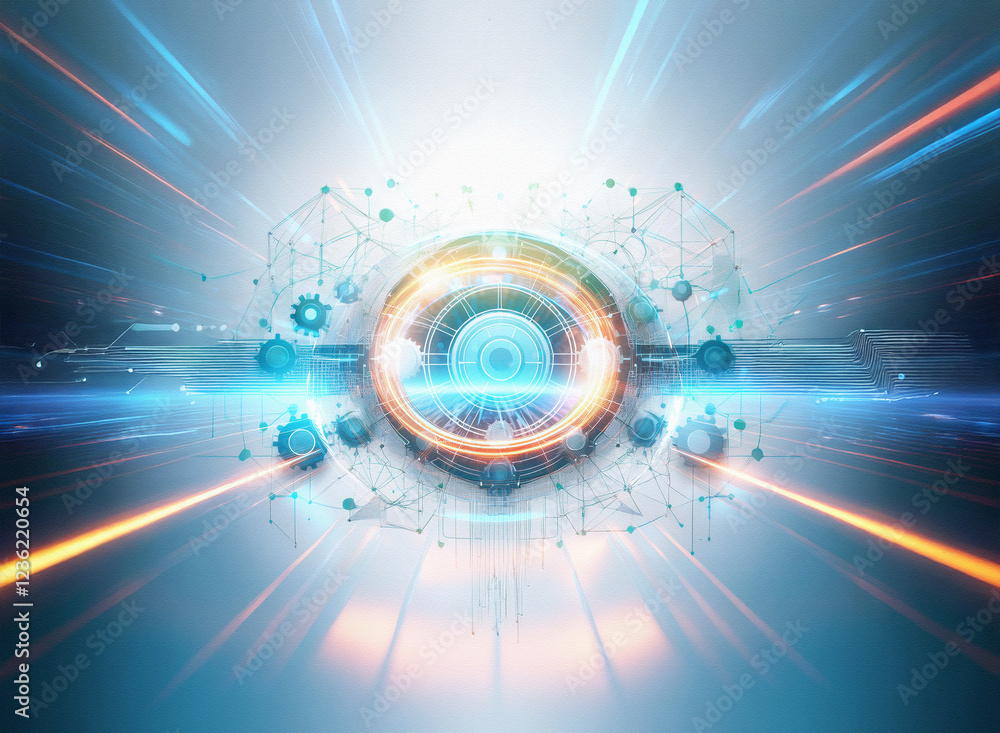 Aufkleber abstract sci-fi double exposure image. glowing central element with radial light streaks on a futuri