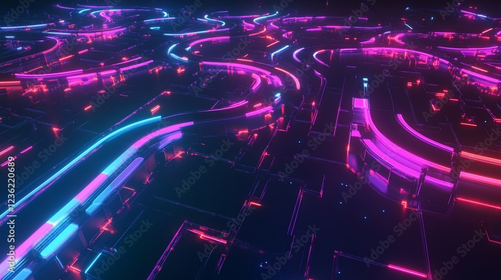 Poster abstract futuristic circuit board with neon lights illuminating path and system