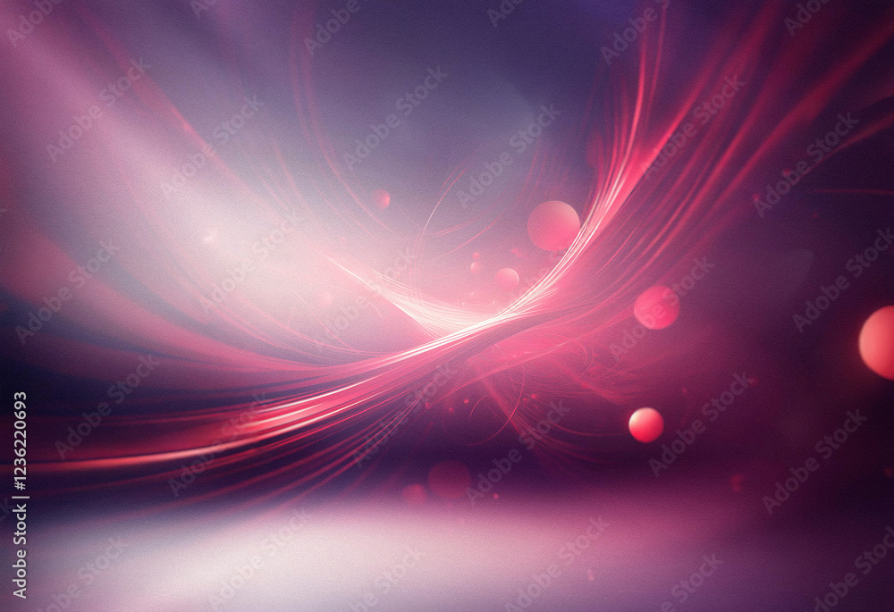 Poster Abstract sci-fi double exposure background. Glowing red and pink streaks curve across a dark space, interspersed with floating orbs.  A sense of depth and movement is created through the interplay of 