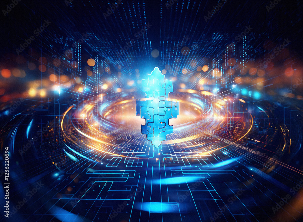 Poster abstract sci-fi double exposure image. glowing blue and orange digital background features a puzzle 