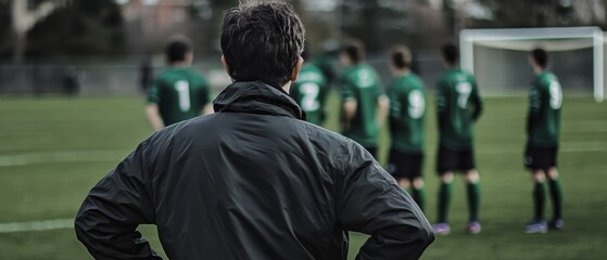 Soccer coach observing team practice on field, focused on strategy and team formation, preparing for upcoming match and enhancing player performance.