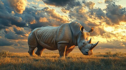 Fototapeta premium Majestic Rhino Stands in Golden Sunset Savanna Grassland