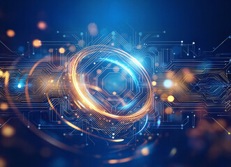 Obraz premium Abstract sci-fi background featuring a double exposure of a glowing ring and circuit board design. The image evokes a sense of futuristic technology and energy.