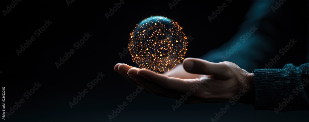 Poster floating glowing orb held in the palm of a hand emitting a captivating futuristic display of light a