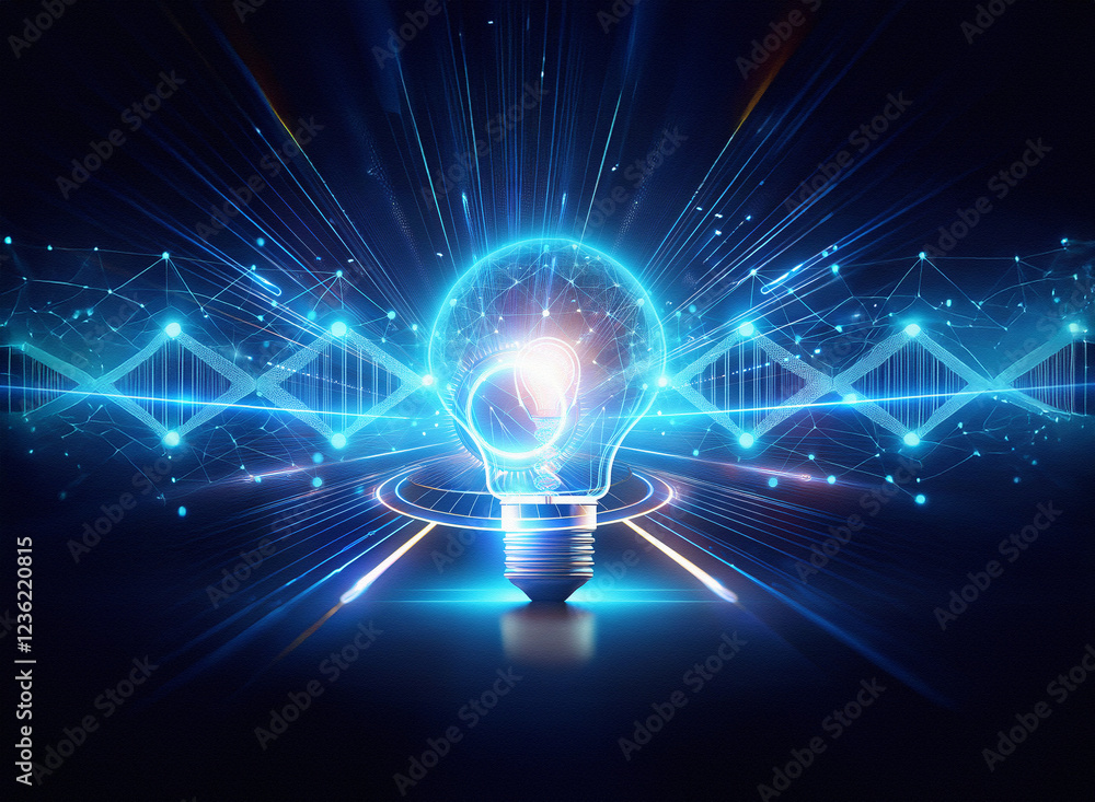 Poster Abstract sci-fi double exposure image. Glowing lightbulb, futuristic background with energy bursts and digital data streams.