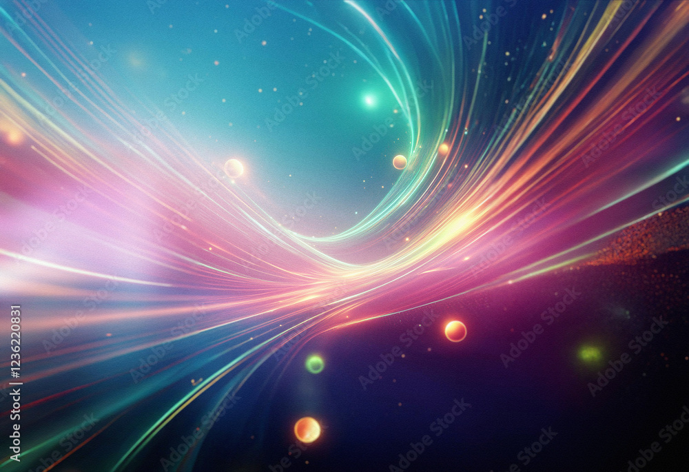 Poster abstract sci-fi double exposure background. swirling light trails and glowing orbs create a vibrant,