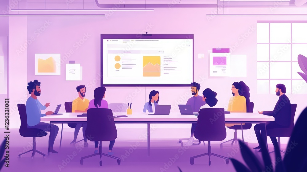 Poster diverse team collaborates during a presentation in a modern office setting