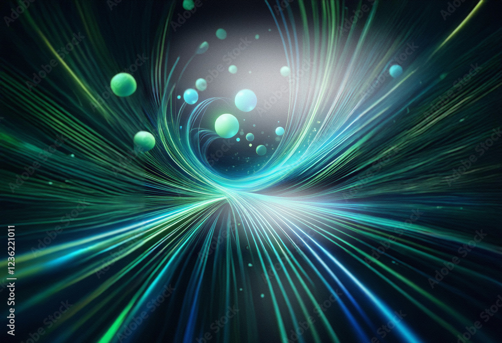 Poster abstract sci-fi double exposure background. glowing lines converge into a vortex, surrounded by floa