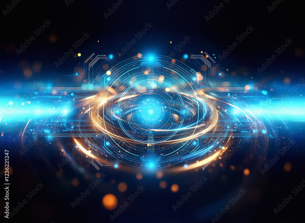 Poster abstract sci-fi double exposure background. glowing blue and orange energy spheres and circuits crea