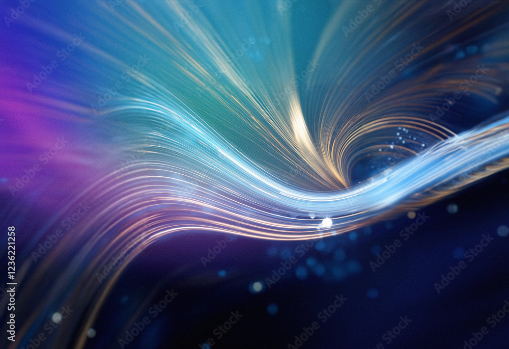 Poster abstract sci-fi background featuring a double exposure effect. swirling, luminous lines in vibrant c