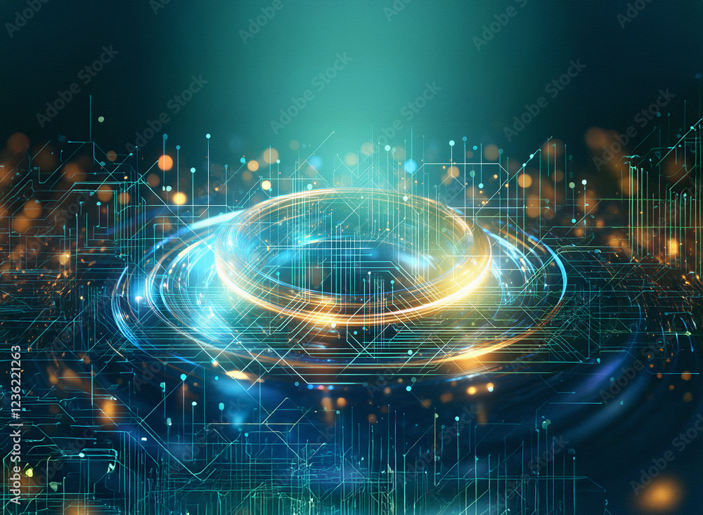 Aufkleber abstract sci-fi background featuring a double exposure effect. glowing rings and circuit patterns cr