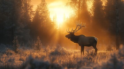 Majestic Elk Silhouetted at Sunrise in a Snowy Forest