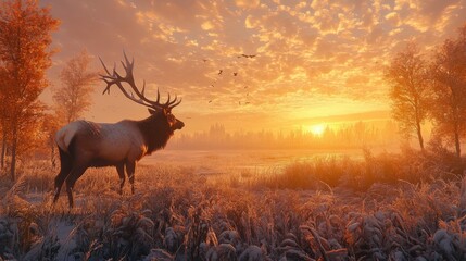Majestic Elk in a Snowy Autumn Landscape at Sunrise © Nana