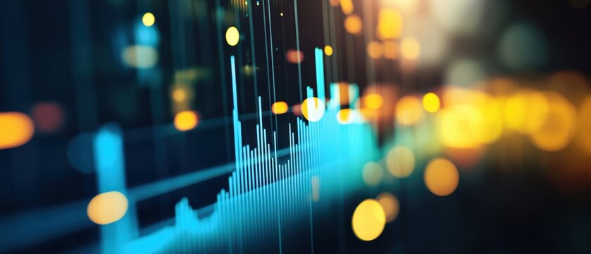 Stock market analysis with financial data visualization on trading graphs. Digital technology, investment strategy, and market trends with glowing indicators.