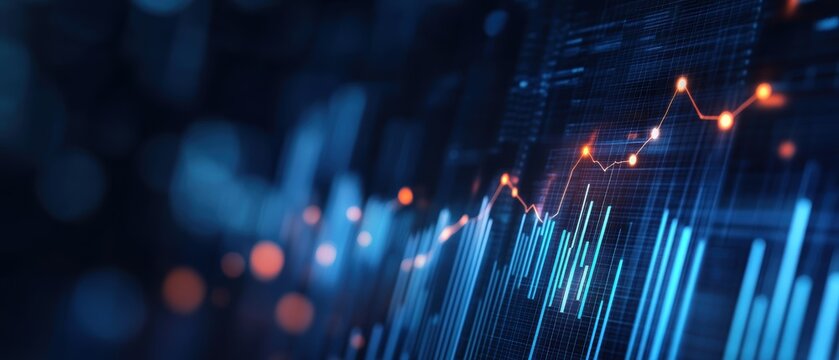Stock market chart, data visualization and financial analysis in blue tones. Digital graph and analytics for investment strategy, trading, and market trends.