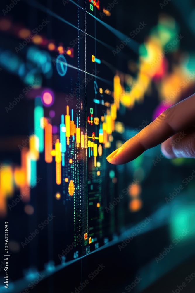 Poster stock market data visualized with graphs, charts, and analytics on digital screen. investor pointing