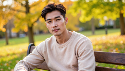 Contemplative young Asian man sitting on a park bench in autumn, luxury comfort