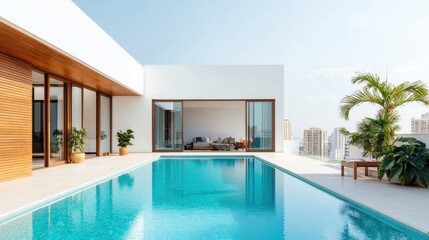 Fototapeta premium Elegant and spacious modern luxury penthouse featuring a rooftop garden infinity pool and breathtaking panoramic views of the city skyline