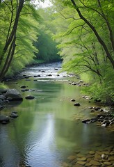 Obraz premium Tranquil Stream Surrounded by Lush Foliage and Sunlit Reflections
