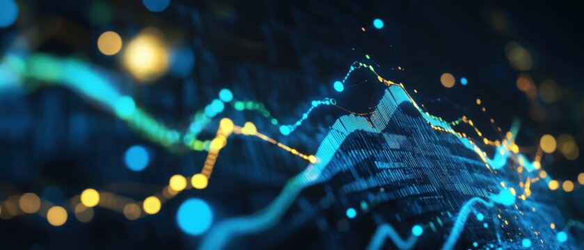 Stock market data visualization with glowing graphs and charts showing financial trends, investment analysis, and digital technology for market insights.
