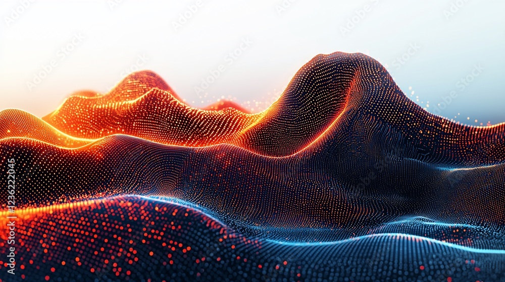 Poster abstract glowing digital landscape with red and blue particles.