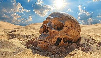 Skull in desert sand dunes under bright sun