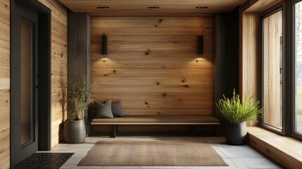 Cozy Wooden Hallway With A Bench, Plants, And Natural Light. Perfect For Relaxing And Unwinding.