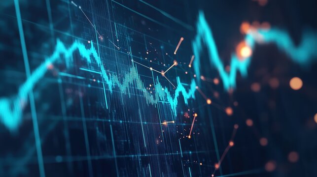 Stock market graph, financial data visualization with dynamic blue lines and glowing dots, representing trends, analytics, trading and investment insights in finance.