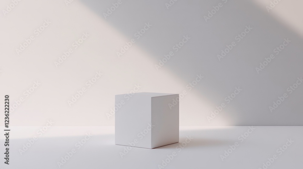 Poster minimalist white cube on white background with sunlight.