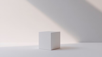 Minimalist white cube on white background with sunlight.
