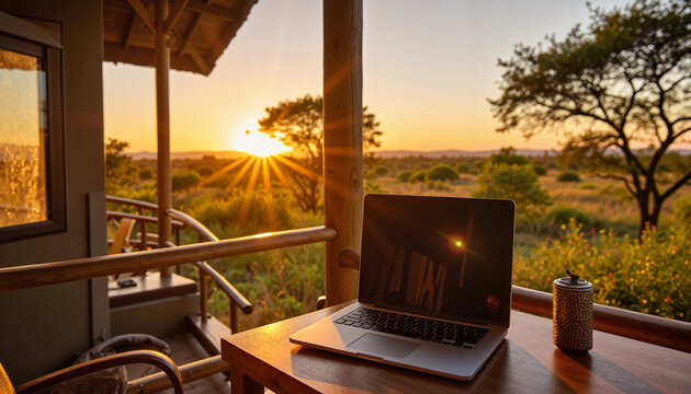 Fototapeta Laptop workspace at safari lodge during sunset, remote work concept