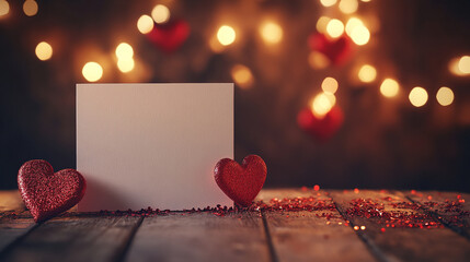 A blank greeting card surrounded by red glitter hearts and sparkling confetti, with a blurred...