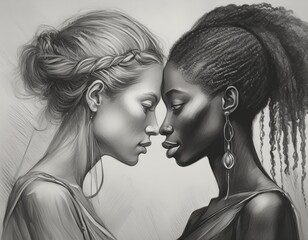 Fototapeta premium Two women, heads bowed together, a moment of shared understanding and connection.