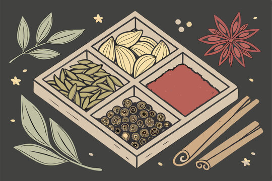 Overhead view, assorted spices and herbs, wooden square compartments, vibrant colors, cumin seeds, turmeric powder, cardamom pods, dried chili peppers, bay leaves, cinnamon sticks, paprika, sesame see