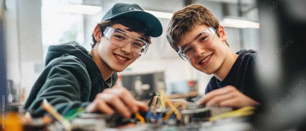 Poster students in workshop smiling while working on electronics project with tools, developing engineering