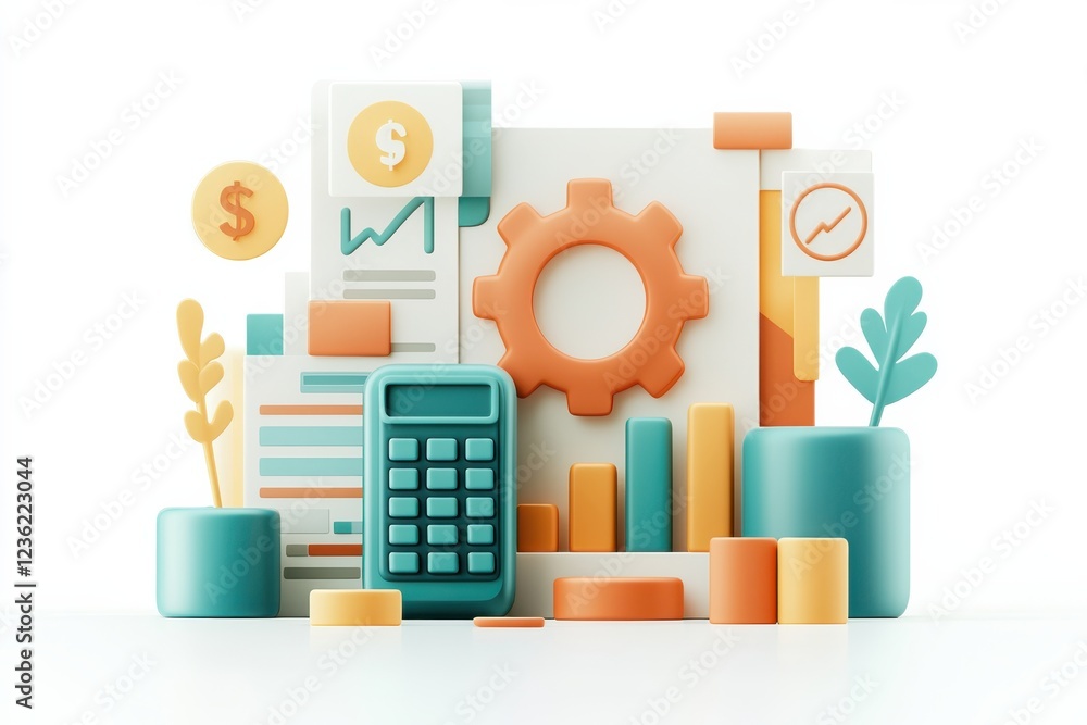 Poster financial data analysis and business reporting tools concept with various icons representing account