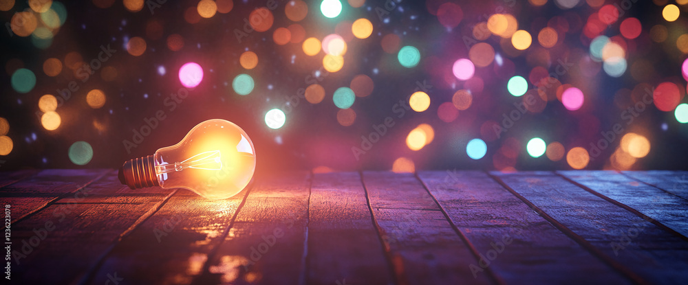 Poster a glowing lightbulb on a wooden table with colorful bokeh lights in the background, symbolizing crea