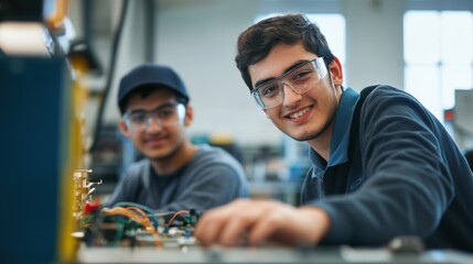 Students engaging in hands-on electronics training in classroom workshop, learning essential skills in technology, teamwork, and problem-solving for future careers.