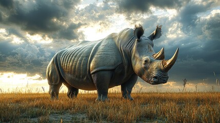 Fototapeta premium Majestic White Rhinoceros Stands in Golden Grassland Under Cloudy Sky