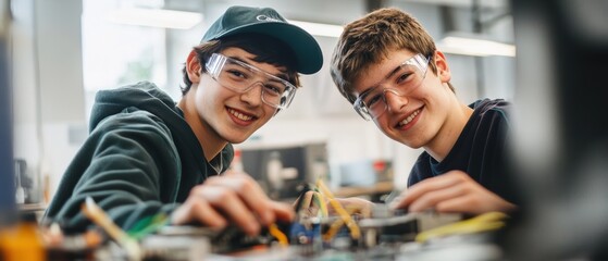 Students in workshop smiling while working on electronics project with tools, developing engineering skills and fostering creativity in STEM education.