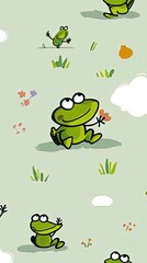 Happy Green Frogs in a Whimsical Meadow