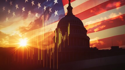 Sunset over Capitol building with American flag, stock market trends, economic growth visuals, financial data analysis, investment opportunities, and patriotic themes.