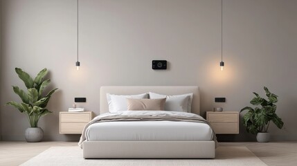 Fototapeta premium Elegant and Minimalist Bedroom Interior Design with Sophisticated Lighting Fixtures and Lush Greenery Decor Elements Creating a Calming and Serene Living Environment