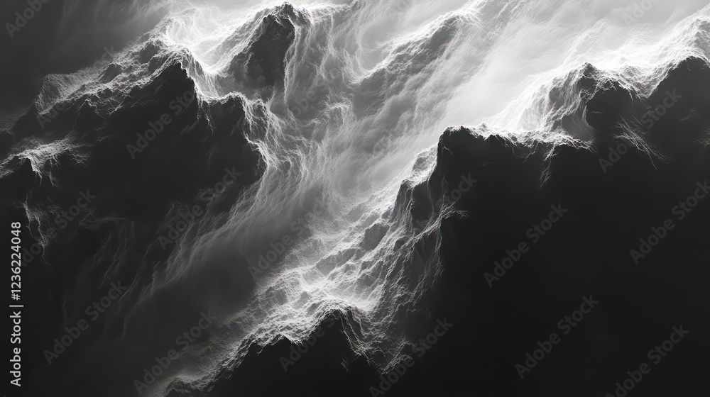 Poster Abstract grayscale image of mountainous terrain with light and shadow, creating a dramatic effect.