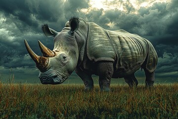 Fototapeta premium A lone rhino stands in a grassy field under a stormy sky