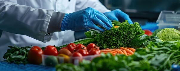 A person in gloves inspects fresh vegetables, including lettuce, tomatoes, and carrots, highlighting food safety and quality in a kitchen setting.