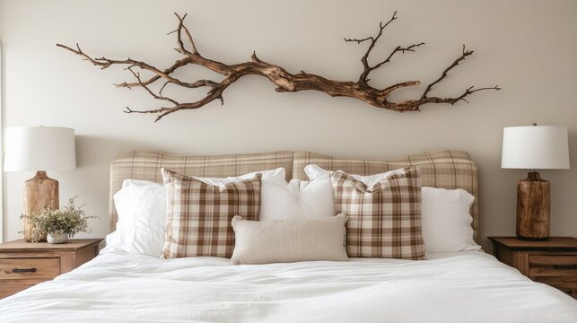 Cozy Bedroom With A Rustic Wood Branch Headboard And Plaid Pillows. Soft Lighting Creates A Calming Atmosphere. - Powered by Adobe